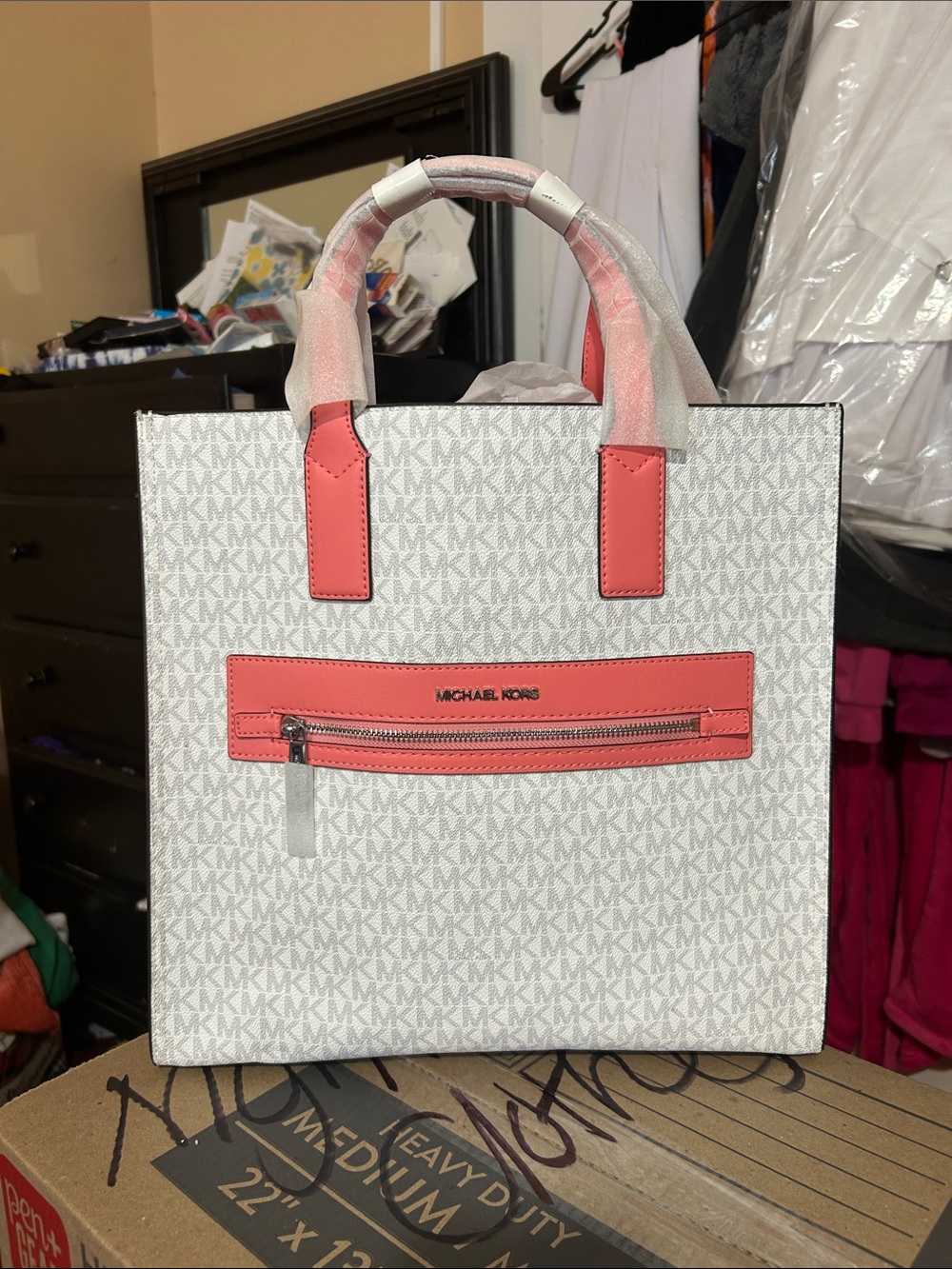 Michael Kors White MK Monogram Tote with Coral Trim
